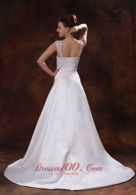 Straps Court Train Satin Church Wedding Dress With Embroidery