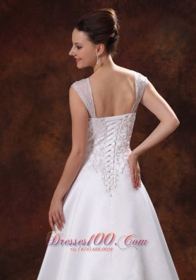 Straps Court Train Satin Church Wedding Dress With Embroidery