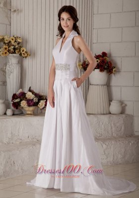 Vintage High-neck Wedding Bridal Gown Beaded Belt Taffeta