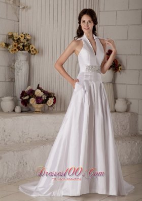 Vintage High-neck Wedding Bridal Gown Beaded Belt Taffeta