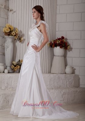 Unique Floral V-neck Wedding Dress Ruch Brush Train Taffeta