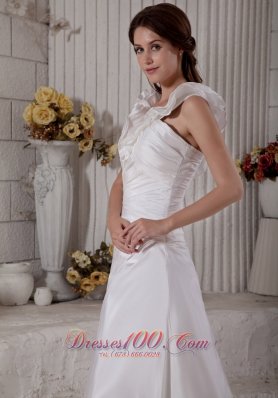 Unique Floral V-neck Wedding Dress Ruch Brush Train Taffeta