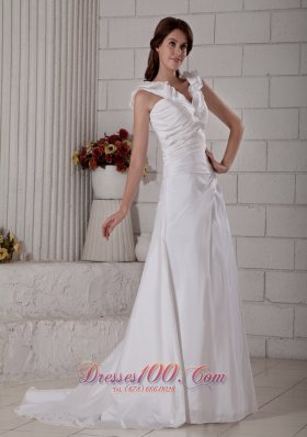 Unique Floral V-neck Wedding Dress Ruch Brush Train Taffeta