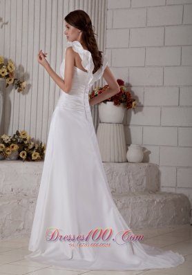 Unique Floral V-neck Wedding Dress Ruch Brush Train Taffeta