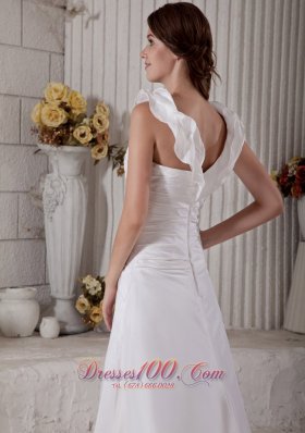 Unique Floral V-neck Wedding Dress Ruch Brush Train Taffeta