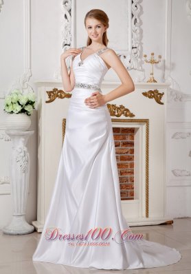 Satin Wedding Dress V-neck Beaded Straps Brush Train