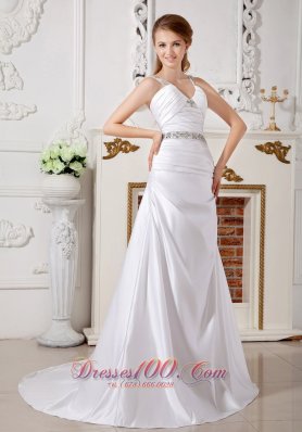 Satin Wedding Dress V-neck Beaded Straps Brush Train