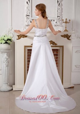 Satin Wedding Dress V-neck Beaded Straps Brush Train