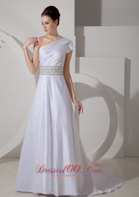 One Shoulder Crystal Belt Bridal Dress A-line Satin