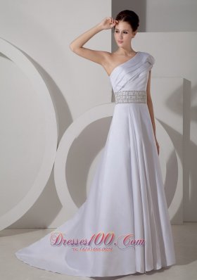 One Shoulder Crystal Belt Bridal Dress A-line Satin