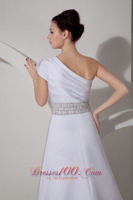 One Shoulder Crystal Belt Bridal Dress A-line Satin