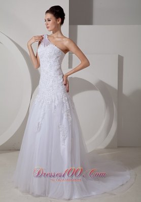 Lovely One Shoulder Lace Tulle Outdoor Wedding Dress