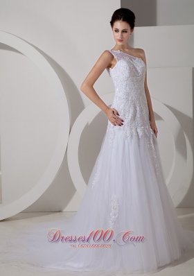 Lovely One Shoulder Lace Tulle Outdoor Wedding Dress