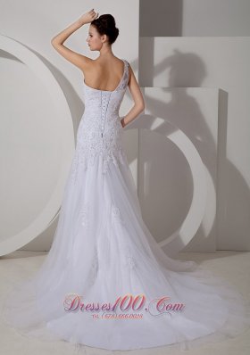 Lovely One Shoulder Lace Tulle Outdoor Wedding Dress