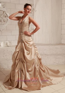 Customize Halter Champagne Dress Appliques Themed Wedding