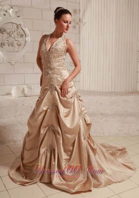 Customize Halter Champagne Dress Appliques Themed Wedding