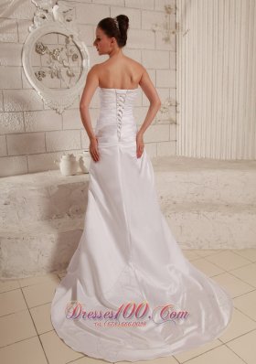 Low Cost Taffeta Appliques Outdoor Wedding Dress Court