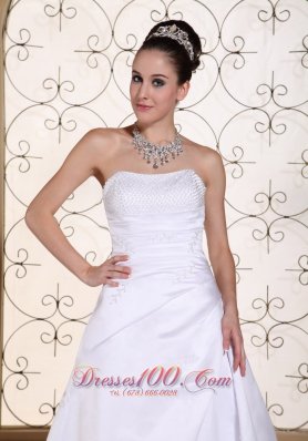 White Elegant Church Wedding Gowns Satin Crystal Court Train