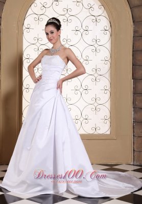 White Elegant Church Wedding Gowns Satin Crystal Court Train