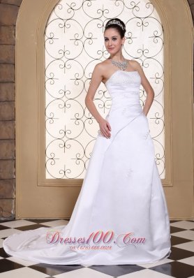 White Elegant Church Wedding Gowns Satin Crystal Court Train