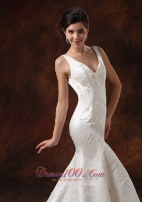 V-neck Embroidery Mermaid Garden Wedding Dress Court Train