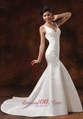 V-neck Embroidery Mermaid Garden Wedding Dress Court Train