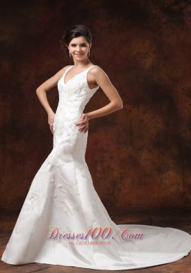 V-neck Embroidery Mermaid Garden Wedding Dress Court Train