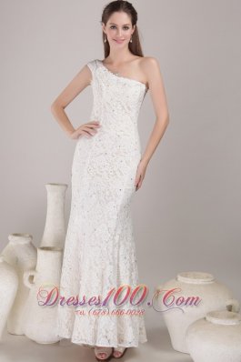 One Shoulder Slit Destination Lace Wedding Dress