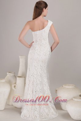 One Shoulder Slit Destination Lace Wedding Dress