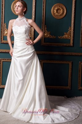 Vintage High-neck Lace Church Wedding Dress Chapel Train