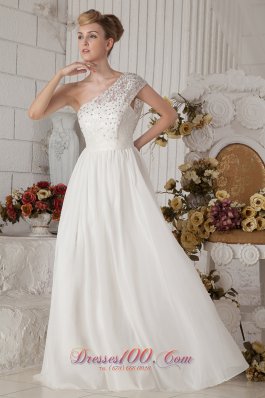 White Beaded One Shoulder Beach Wedding Dress Floor-length