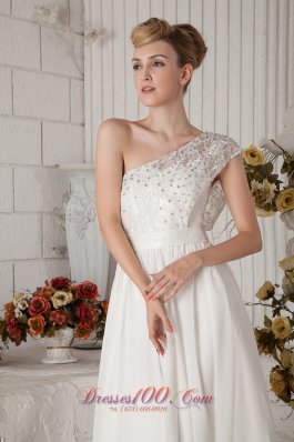 White Beaded One Shoulder Beach Wedding Dress Floor-length