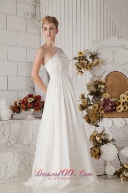 White Beaded One Shoulder Beach Wedding Dress Floor-length