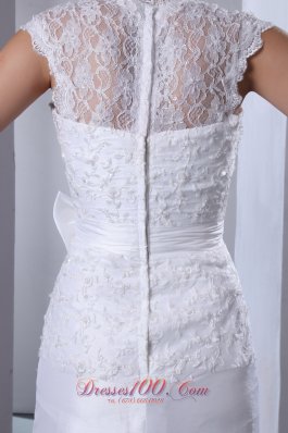 Fashionable High-low Lace Wedding Dress Appliques Bowknot Sash