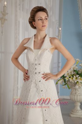 Unique Lace Rhinestones Apron Wedding Dress V-Neck Collar
