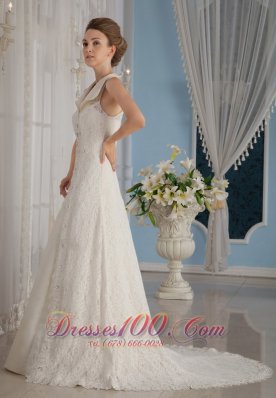 Unique Lace Rhinestones Apron Wedding Dress V-Neck Collar