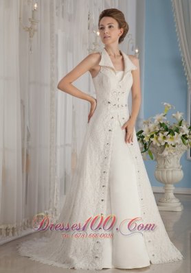 Unique Lace Rhinestones Apron Wedding Dress V-Neck Collar