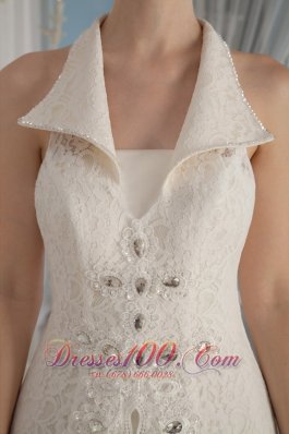 Unique Lace Rhinestones Apron Wedding Dress V-Neck Collar