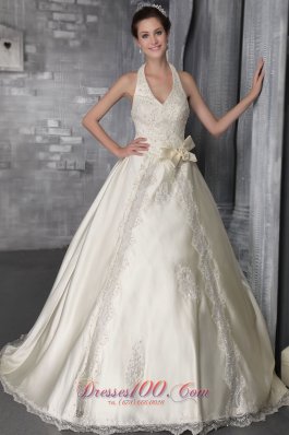 Halter Lace Apron Wedding Dress Brush Train Satin Pearls