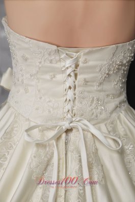 Halter Lace Apron Wedding Dress Brush Train Satin Pearls