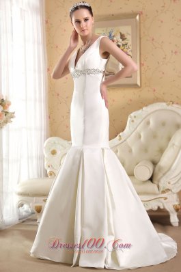 Mermaid V-neck Bridal Dress Gilding Court Train Satin