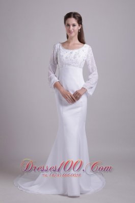 Mermaid Scoop Beach Wedding Dress Sleeved Embroidery