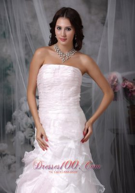 Buttons Ruffled Bridal Dress A-line Brush Train Organza