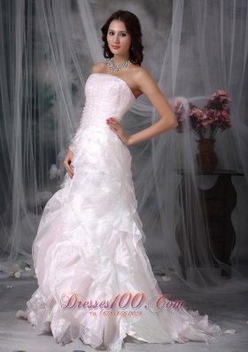 Buttons Ruffled Bridal Dress A-line Brush Train Organza