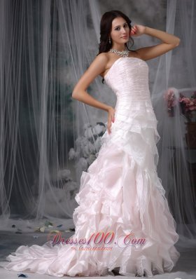 Buttons Ruffled Bridal Dress A-line Brush Train Organza