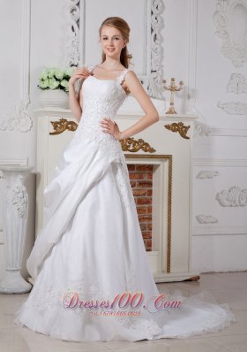 Puffy Church Lace Wedding Dress Sheath Straps Court Train