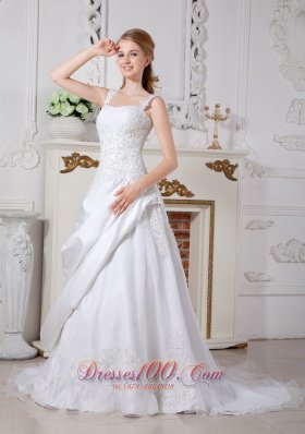 Puffy Church Lace Wedding Dress Sheath Straps Court Train