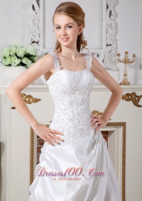 Puffy Church Lace Wedding Dress Sheath Straps Court Train