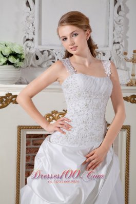 Puffy Church Lace Wedding Dress Sheath Straps Court Train