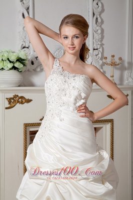 Ivory One Shoulder Appliques Wedding Bridal Dress Court